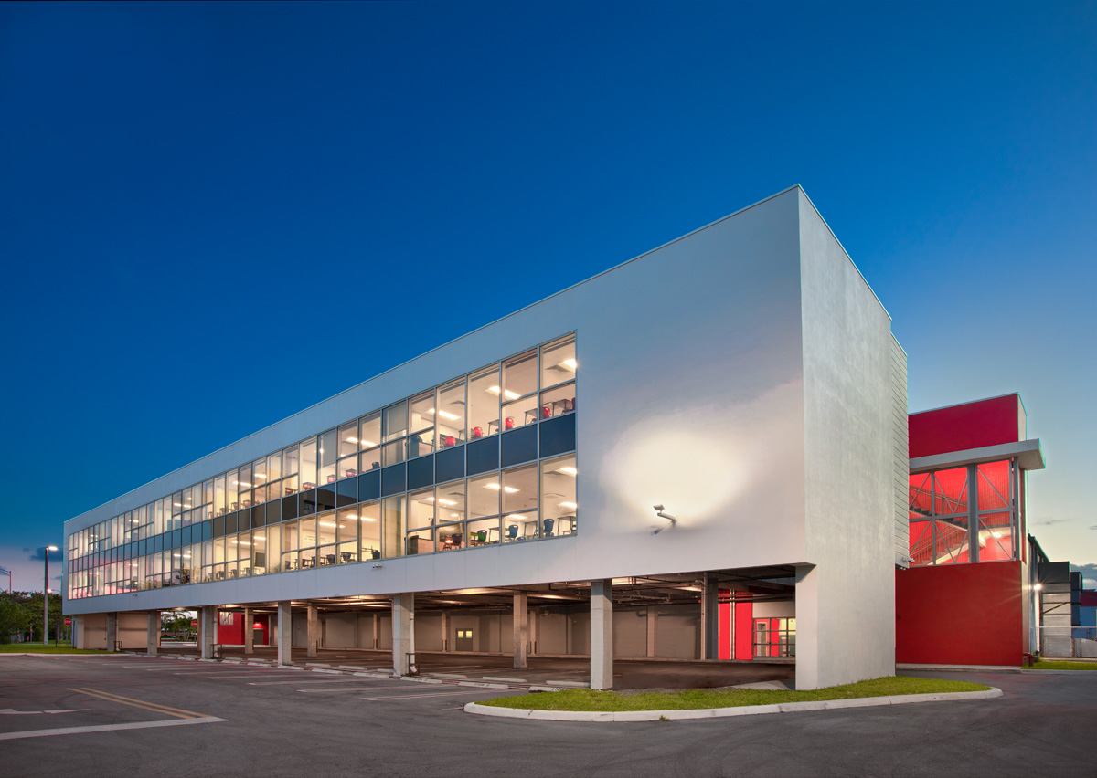Architectural dusk view of the Mater Academy stem charter high school in Miami, FL